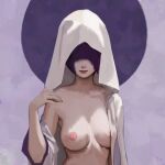  1girl breasts commentary english_commentary facing_viewer nipples original potameart purple_background shaded_face solo topless upper_body white_hood 