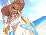  1girl beach bikini blonde_hair blue_innertube blue_ribbon blue_sky bow breasts commentary cowboy_shot day dokibird_(vtuber) dutch_angle english_commentary hair_ribbon hand_up hat hat_bow highres holding holding_swim_ring indie_virtual_youtuber innertube korafuwa long_hair looking_at_viewer medium_breasts one_eye_closed open_mouth outdoors ribbon shore sky smile solo standing straw_hat swim_ring swimsuit teeth twintails upper_teeth_only very_long_hair virtual_youtuber water white_bikini white_bow 