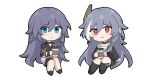  2girls absurdres alternate_costume black_choker black_footwear black_jacket black_shirt black_sleeves blue_eyes blue_hair boots chibi chinese_clothes choker dragon_print fu_hua fu_hua_(herrscher_of_sentience) fu_hua_(night_squire) fu_hua_(rustic_noir) full_body grey_hair hair_between_eyes hair_ornament highres honkai_(series) honkai_impact_3rd jacket lienai9 light_blush light_smile long_hair long_sleeves looking_at_viewer multicolored_hair multiple_girls official_alternate_costume open_clothes open_jacket red_eyes red_rope rope shirt shoes shorts simple_background sitting sleeveless sleeveless_shirt smile streaked_hair thighs white_background white_hair white_shirt white_shorts yellow_pupils 