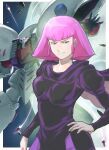 1girl black_shirt border breasts closed_mouth commentary_request funnels_(gundam) glowing glowing_eye gundam gundam_zz haman_karn hand_on_own_hip highres juliet_sleeves k_katora light_smile long_sleeves looking_at_viewer mecha medium_breasts medium_hair mobile_suit moon one-eyed open_hand outside_border pink_hair puffy_sleeves purple_eyes qubeley robot science_fiction shirt split_mouth v-shaped_eyebrows white_border 