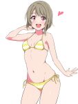  1girl bikini borgbutler brown_hair groin highres looking_at_viewer love_live! love_live!_nijigasaki_high_school_idol_club nakasu_kasumi open_mouth red_eyes round_teeth short_hair side-tie_bikini_bottom simple_background smile solo striped_bikini striped_clothes swimsuit teeth upper_teeth_only white_background yellow_bikini 