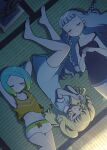  arms_behind_head barefoot black_shirt blonde_hair blue_hair blunt_bangs braid closed_mouth dark_room dress earrings facing_viewer from_above full_body gradient_hair green_hair grey_dress grey_hair highres idol_time_pripara interlocked_fingers jewelry koda_michiru kokichi_yoko long_hair lying midriff miichiru_(pripara) multicolored_hair nijiiro_nino on_back on_floor on_side open_mouth orange_shirt own_hands_together pretty_series pripara ringlets shirt short_hair short_sleeves shorts sleeping smile strap_slip tank_top tatami twin_braids two_side_up very_long_hair wavy_hair white_shorts yumekawa_yui 