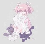  1girl akemi_homura animalization bandaid bandaid_on_hand bow cat chinese_commentary commentary_request grey_background hair_bow kaname_madoka long_sleeves mahou_shoujo_madoka_magica mahou_shoujo_madoka_magica_(anime) open_mouth pink_eyes pink_hair shoes simple_background sleeves_past_fingers sleeves_past_wrists sneakers socks sparkle sweater tukiliii twintails white_bow white_footwear white_socks white_sweater 