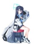  1girl absurdly_long_hair absurdres aris_(blue_archive) black_hair black_skirt black_socks blue_archive blue_eyes blue_halo blush chair closed_mouth collared_shirt full_body gani1127 halo highres jacket long_hair long_sleeves looking_at_viewer one_side_up open_clothes open_jacket pleated_skirt shirt shoes simple_background sitting skirt smile socks solo very_long_hair white_background white_footwear white_jacket white_shirt 