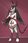 2024 absurd_res anthro bapho_(keadonger) baphomet_(deity) biped black_body black_sclera bovid caprine caprine_demon cloven_hooves deity demon digital_media_(artwork) feathered_wings feathers female full-length_portrait goat_demon grey_body halo hazbin_hotel hi_res hooves horn keadonger mammal multicolored_body portrait smile solo spade_tail standing style_emulation tail white_body wings yellow_eyes