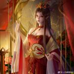  1girl artist_request bare_shoulders beads brown_hair cai_lin_(doupo_cangqiong) closed_mouth doupo_cangqiong dress hair_bun hair_ornament hand_fan hand_up highres holding holding_fan lamppost long_hair long_sleeves pointy_hair red_dress red_eyes second-party_source smile solo upper_body 