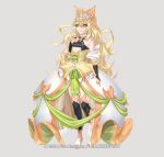  1girl bare_shoulders blonde_hair bow celine_(fire_emblem) commentary commission crazzeffect crown detached_sleeves fire_emblem fire_emblem_engage flower full_body green_bow green_eyes hand_up highres long_hair looking_at_viewer skirt smile solo standing very_long_hair white_flower white_skirt 