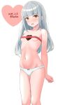  1girl ame-san blunt_bangs breasts brown_eyes candy chocolate covering_breasts covering_privates dated feet_out_of_frame food grey_hair hair_down heart heart-shaped_chocolate highres kantai_collection kasumi_(kancolle) long_hair panties red_ribbon ribbon simple_background small_breasts solo standing twitter_username underwear underwear_only white_background white_panties 