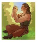  1boy baldur&#039;s_gate baldur&#039;s_gate_3 bara bare_shoulders brown_hair concentrating dark-skinned_male dark_skin dungeons_and_dragons elf full_body grass halsin highres large_pectorals male_focus mature_male medium_hair muscular muscular_male pants pectorals pointy_ears sitting solo sparse_arm_hair sweet_cassius thick_eyebrows wood_carving_tool 