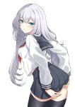  1girl asya black_skirt black_thighhighs green_eyes grey_hair highres long_hair long_sleeves looking_at_viewer looking_back original parted_lips pleated_skirt school_uniform shirt simple_background skirt solo thighhighs white_background white_shirt 