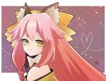  1girl animal_ear_fluff animal_ears bare_shoulders border bow bowtie closed_mouth fate/samurai_remnant fate_(series) fox_ears hair_bow heart highres long_hair looking_at_viewer pink_hair portrait purple_background sidelocks simple_background smile solo tamamo_(fate) tamamo_aria_(fate) wagu_neru white_border white_bow white_bowtie yellow_bow yellow_eyes 