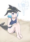  1girl 54_3nu absurdres alternate_costume bare_legs bare_shoulders barefoot black_hair blonde_hair blowhole blue_eyes blue_hair blue_one-piece_swimsuit blush cetacean_tail collarbone common_dolphin_(kemono_friends) dolphin_girl dorsal_fin fins fish_tail head_fins highres kemono_friends multicolored_hair multiple_views musical_note one-piece_swimsuit open_mouth school_swimsuit sitting sleeveless swimsuit tail translation_request white_hair wristband 