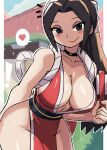  ! 1girl absurdres black_eyes black_hair blush breasts choker cleavage fatal_fury folding_fan hand_fan heart highres large_breasts long_hair looking_at_viewer pelvic_curtain ponytail shiranui_mai smile solo spoken_heart tony_welt 