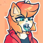1:1 animated anthro biped blue_eyes clothed clothing digital_media_(artwork) english_text fur girly hair low_res male nagi_(nagifur) nagifur neck_bulge no_sound open_mouth oral_vore short_playtime simple_background size_difference solo text tongue topwear vore
