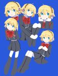  1girl aegis_(persona) arms_behind_back black_footwear black_shirt black_skirt blonde_hair blue_background blue_eyes bow bowtie commentary dot_mouth full_body headset highres looking_at_viewer melkymelkii multiple_views own_hands_together persona persona_3 red_bow red_bowtie robot_girl shirt short_hair simple_background skirt symbol-only_commentary upper_body 