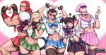  5girls abs alternate_costume biceps breasts bursting_breasts cammy_white chun-li crop_top cuffs embarrassed english_text glasses han_juri handcuffs heart heart_hands hershuar large_breasts looking_at_viewer manon_legrand marisa_(street_fighter) miniskirt multiple_girls muscular muscular_female sailor_collar shorts shorts_under_skirt skirt smile street_fighter street_fighter_6 sunglasses tall_female thighhighs thong 
