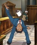  2boys absurdres ace_attorney bending_backward black_footwear black_hair blue_jacket blue_pants coffee_mug commentary courtroom cup dodging english_commentary godot_(ace_attorney) hellertears highres indoors jacket just_found_one_of_the_craziest_stock_pics_ever_(meme) male_focus masked meme mug multiple_boys necktie pants phoenix_wright red_necktie shirt short_hair solo_focus throwing white_shirt 