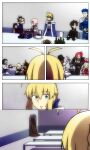  4boys 6+girls ahoge artoria_pendragon_(fate) birthday_cake black_hair blonde_hair blue_bow blue_hair bow brown_hair cake cape charlotte_corday_(fate) cloak closed_eyes cu_chulainn_(fate) cu_chulainn_(fate/stay_night) fate/grand_order fate_(series) food fou_(fate) fujimaru_ritsuka_(male) fujimaru_ritsuka_(male)_(polar_chaldea_uniform) gift green_eyes hat highres jing_ke_(fate) kay_(fate) lazyartlazy12 macaron marie_antoinette_(fate) miyamoto_musashi_(fate) mori_nagayoshi_(fate) multiple_boys multiple_girls oda_nobunaga_(fate) okita_souji_(fate) pink_hair red_hair table top_hat white_hair 