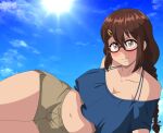  1girl blush braid braided_ponytail breasts brown_eyes brown_hair brown_shorts cleavage closed_mouth collarbone glasses hair_ornament highres josephscrand kyochuu_rettou large_breasts long_hair looking_at_viewer midriff naruse_chitose navel outdoors shorts sky smile solo 