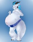4_ears anthro belly belly_blush big_belly black_claws black_horn blue_hair blush body_blush claws clothed clothing dragon fur hair hi_res horn hybrid hyper hyper_pregnancy kairyu-shin male mammal multi_ear mustelid otter pregnant pregnant_male solo standing support_garment tigerroundsup unborn_kicking underwear underwear_only white_body white_fur wide_hips