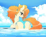 absurd_res anus_outline blush butt clothed clothing equid equine eyelashes female feral friendship_is_magic hair hasbro hi_res huge_filesize looking_at_viewer looking_back mammal my_little_pony nicelydrawnfillies pear_butter_(mlp) pupils smile solo swimwear thick_thighs