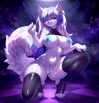 accalia_wynterrose anthro areola biped breasts canid canine clothing eyelashes female genitals hi_res kemono legwear looking_at_viewer mammal nipples pupils pussy smile tekahika thick_thighs thigh_highs
