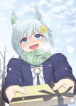  1girl animal_ears blue_eyes blush coat ear_covers gift green_scarf grey_hair hair_between_eyes hair_ornament hairclip highres horse_ears horse_girl long_sleeves masaki_shino open_mouth scarf school_uniform seiun_sky_(umamusume) shirt short_hair single_ear_cover smile snowflakes snowing solo tracen_school_uniform umamusume winter_clothes winter_coat winter_uniform 