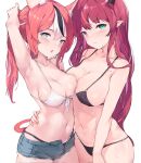  2girls alternate_costume animal_ears arm_around_waist arm_at_side arm_up armpits asymmetrical_docking bikini bikini_under_clothes black_bikini blue_eyes blush breast_press breasts cleavage closed_mouth hair_between_eyes hakos_baelz heterochromia highres hololive hololive_english horns irys_(hololive) large_breasts long_hair looking_at_viewer medium_breasts messy_hair mouse_ears mouse_girl mouse_tail multicolored_hair multiple_girls namiorii navel open_mouth ponytail purple_hair red_hair short_shorts shorts sidelocks simple_background stomach streaked_hair sweat swimsuit tail two-tone_hair virtual_youtuber wet white_background white_bikini 
