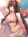 1girl bikini blush breasts brown_eyes brown_hair cherry_blossoms cleavage collarbone flower hair_between_eyes hair_flower hair_ornament highres jacket kantai_collection kasumi_(skchkko) large_breasts long_hair looking_at_viewer navel open_clothes open_jacket open_mouth petals pink_flower pink_jacket ponytail revision solo swimsuit very_long_hair white_bikini yamato_(kancolle) 