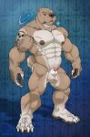abs animal_genitalia anthro balls biceps canid canine canis claws domestic_dog genitals hi_res logan_(narram) male mammal muscular muscular_anthro muscular_male narram pawpads pecs pit_bull scar scars_all_over sheath solo tattoo