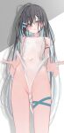  1girl absurdres ahoge aqua_eyes aqua_hair aqua_ribbon arm_ribbon bare_arms bare_legs blush breasts clothes_pull covered_navel drop_shadow grey_background grey_hair groin half-closed_eyes highres leg_ribbon long_hair multicolored_hair one-piece_swimsuit one-piece_swimsuit_pull original parted_lips ribbon sajin_(user_pvrm4582) small_breasts solo standing sweat swimsuit two-tone_background two-tone_hair white_background white_one-piece_swimsuit 