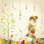  1girl bare_legs brown_hair collared_dress commentary_request dress falling_leaves green_eyes green_hairband hair_bun hair_ornament hairband hairclip hanging_light holding_ticket kameko_(turtle-pot) leaf looking_to_the_side multicolored_clothes multicolored_dress multicolored_ribbon neck_ribbon original pencil pencil_behind_ear plant polka_dot polka_dot_ribbon ribbon short_hair sitting sleeveless sleeveless_dress solo sprout star_(symbol) swept_bangs vignetting yellow_background 