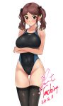  1girl amagami ass_visible_through_thighs black_one-piece_swimsuit black_thighhighs breasts brown_eyes brown_hair competition_swimsuit covered_navel dated highleg highleg_swimsuit highres large_breasts medium_hair nakata_sae one-piece_swimsuit signature simple_background solo swimsuit thigh_gap thighhighs twintails two-tone_swimsuit white_background yoo_tenchi 
