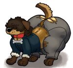 absurd_res all_fours alpha_channel big_butt bottomwear brown_body brown_fur brown_hair bulge butt canid canine canis clothing collar digital_drawing_(artwork) digital_media_(artwork) domestic_dog dominogooper feral fur hair hi_res jacket jiggling_butt male mammal name_tag pants simple_background solo solo_focus topwear torn_clothing transparent_background