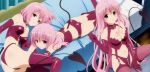  3girl 3girls blue_eyes breasts cleavage demon_girl dominatrix_outfit latex long_hair looking_at_viewer medium_breasts multiple_girls navel pink_hair purple_eyes sitting succubus tagme tail to_love-ru 