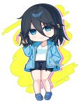  1girl black_gloves black_hair black_shorts blue_eyes blue_footwear blue_jacket blush breasts chibi cleavage closed_mouth commentary crocs english_commentary gloves hair_between_eyes highres holding holding_stylus jacket long_sleeves looking_at_viewer medium_breasts open_clothes open_jacket original partially_fingerless_gloves rynzfrancis shirt short_hair shorts solo standing stylus twitter_username white_shirt 