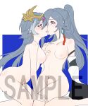  2girls absurdres blue_eyes blue_hair blush breasts completely_nude earrings eyeliner french_kiss fu_hua fu_hua_(azure_empyrea) fu_hua_(herrscher_of_sentience) grey_hair hair_between_eyes hair_over_one_eye high_ponytail highres honkai_(series) honkai_impact_3rd jewelry kiss long_hair looking_at_another lying makeup medium_breasts mmmaao multicolored_hair multiple_girls navel nipples nude object_on_head on_stomach pleated_sleeves ponytail pussy red_eyeliner red_eyes sample_watermark single_earring streaked_hair sweat tassel tassel_earrings thighs tongue tongue_out watermark white_background white_hair wide_sleeves yuri 