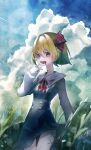  1girl absurdres blonde_hair blood blood_on_clothes blood_on_face cloud cloudy_sky commentary_request hair_ribbon highres jigsaw_paru long_sleeves looking_at_viewer neck_ribbon open_mouth outdoors red_eyes red_ribbon ribbon rumia short_hair sky smile solo tongue touhou 