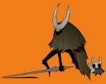  2others black_skin brown_cloak cloak colored_skin full_body green_cloak highres holding holding_sword holding_weapon hollow_eyes hollow_knight hollow_knight_(character) horns knight_(hollow_knight) korean_commentary looking_at_viewer multiple_others orange_background orange_eyes sasi_mozzi1 simple_background size_difference standing sword weapon 