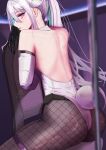  1girl aqua_pupils arm_rest ass azur_lane back backless_leotard blurry blurry_foreground fake_tail fishnet_pantyhose fishnets from_behind high_ponytail highres kearsarge_(all_night_charge)_(azur_lane) kearsarge_(azur_lane) leotard looking_at_viewer looking_back minus-low multicolored_leotard official_alternate_costume pantyhose playboy_bunny signature sitting strapless strapless_leotard tail two-tone_leotard white_hair white_leotard 