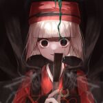  1girl black_eyes blunt_bangs blunt_ends chajinbou crazy_eyes dark_background fate/grand_order fate_(series) hand_fan highres holding holding_fan japanese_clothes kimono looking_at_viewer parted_lips portrait red_headwear red_kimono romanjyuu sen_no_rikyu_(fate) short_hair smile solo upper_body white_hair 