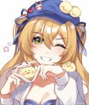  1girl animal_on_head animal_on_shoulder beret bird bird_on_head bird_on_shoulder blonde_hair blue_headwear blue_ribbon dokibird_(vtuber) dragoon_(dokibird) green_eyes grey_jacket hair_ribbon hat heart heart_hands highres indie_virtual_youtuber jacket long_hair looking_at_viewer on_head one_eye_closed ribbon smile tana_(tanabio) twintails virtual_youtuber white_background 