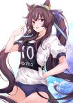  1girl animal_ears blue_buruma blue_eyes brown_hair buruma commentary_request ear_covers gym_shirt gym_uniform hair_between_eyes hair_ribbon horse_ears horse_girl horse_tail long_hair looking_at_viewer multicolored_hair race_bib ribbon shirt single_ear_cover solo streaked_hair t-shirt tail twintails umamusume vivlos_(umamusume) white_background white_shirt yumesato_makura 