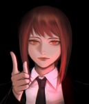  1girl black_background black_necktie black_suit braid chainsaw_man commentary czy_(2894456992) makima_(chainsaw_man) necktie orange_eyes pointing portrait red_hair red_lips ringed_eyes sidelocks single_braid solo suit 