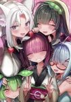  5girls :3 ahoge animal_ears black_hair blue_hair blush breasts closed_eyes curtained_hair double_w facing_viewer fang fox_ears glasses green_hair green_hairband grey_eyes grin hairband hand_on_another&#039;s_head hand_on_another&#039;s_shoulder hands_up happy_birthday headgear highres japanese_clothes kimono large_breasts long_hair looking_at_viewer microa multiple_girls obi obiage obijime one_eye_closed open_mouth otomachi_una otomachi_una_(talkex) pink_background pink_shawl purple_hair sash shawl shirt siblings sidelocks sisters sleeveless sleeveless_shirt smile talkex touhoku_itako touhoku_kiritan touhoku_zunko vocaloid voiceroid voicevox w white_hair white_kimono zundamon 