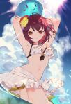  1girl ahoge arms_up atelier_(series) atelier_sophie bikini blue_sky breasts brown_eyes closed_mouth cloud cloudy_sky frilled_bikini frills medium_breasts medium_hair navel official_art outdoors partially_submerged red_hair second-party_source sky smile solo sophie_neuenmuller sunlight swimsuit toridamono wet 