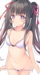  1girl black_bow black_hair blush bow bra breasts bright_pupils chestnut_mouth frilled_bra frills hair_ribbon long_hair looking_at_viewer miyanome navel original panties panty_pull purple_eyes red_ribbon ribbon sidelocks simple_background small_breasts solo twintails underwear very_long_hair white_background white_bra white_panties white_pupils 