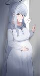  1girl alternate_costume blue_archive breasts closed_mouth dress grey_hair grey_halo halo heart highres hototogisu_(7kanu_7ra) indoors large_breasts long_hair looking_at_viewer ponytail pregnant purple_eyes smile solo spoken_heart standing very_long_hair white_dress 