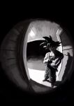  1boy absurdres black_hair crossed_arms door dougi dragon_ball fisheye full_body greyscale highres ii_(wired_) looking_at_viewer male_focus monochrome pov_peephole sidelighting solo son_goku spiked_hair standing vignetting 
