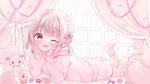  1girl blush bow braid cherry commission cupcake curtains doughnut flower food fruit hair_bow hands_on_own_face heart heart-shaped_pillow hood hoodie lying nail_polish nanase_(ribonshitoron) on_stomach one_eye_closed open_mouth original pajamas pillow pink_bow pink_curtains pink_eyes pink_flower pink_footwear pink_hair pink_hoodie pink_pajamas pink_ribbon pink_theme pon_de_ring raised_eyebrows ribbon short_twintails shorts side_braid skeb_commission socks stuffed_animal stuffed_rabbit stuffed_toy twintails window wing_hair_ornament 